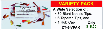 Variety pack of dispensing needles, half-inch and one inch industrial dispensing needles, tapered tips and hub caps