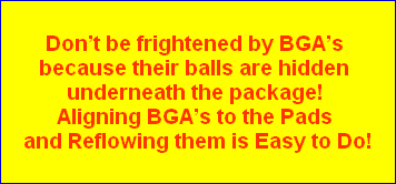 Don’t be frightened by BGA’s 
because their balls are hidden 
underneath the package! 
Aligning BGA’s to the Pads 
and Reflowing them is Easy to Do!